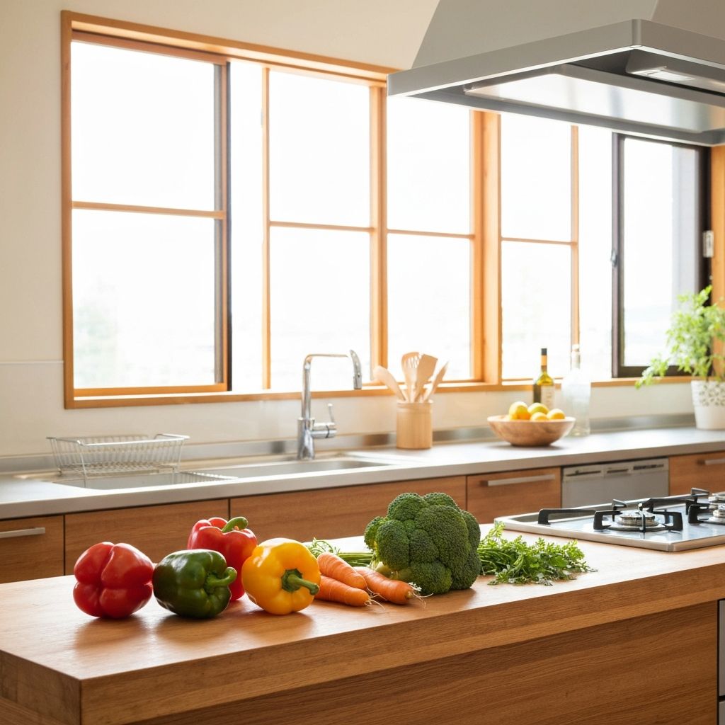 Light-filled kitchen with fresh ingredients